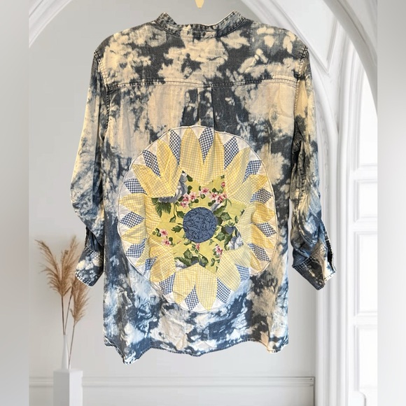 UPCYCLED HANDMADE Patchwork Quilted Cottagecore Denim Sunflower‎ Shirt Boho L - Picture 2 of 12